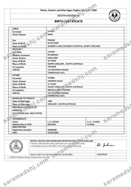 Australia South Australia birth certificate version 2